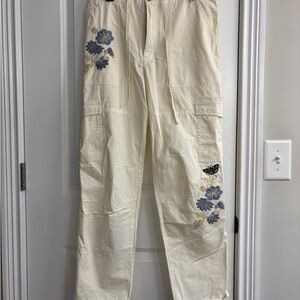 Women’s Cream Cargo Pants with Floral Embroidery